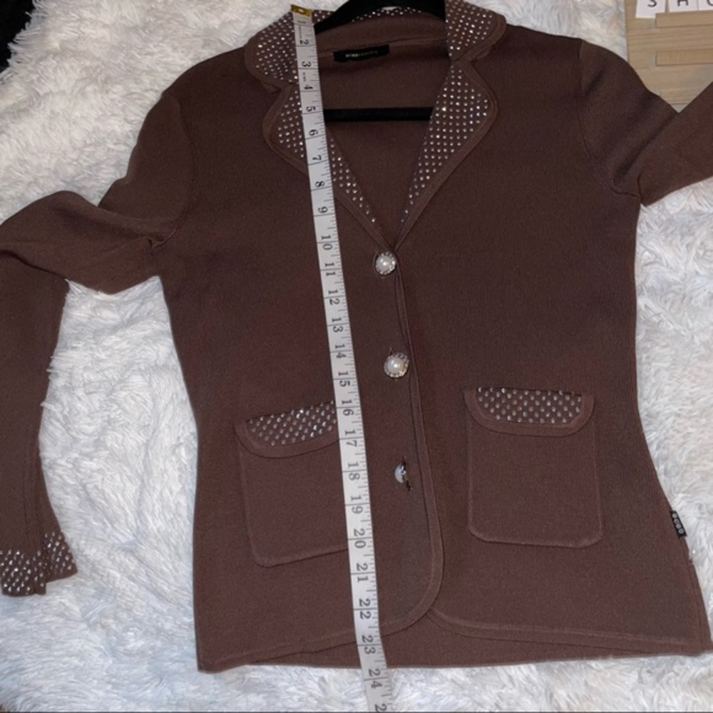 bcbgmaxzria sweater brown jacket woman studs fits small buttons up rhinestone - Picture 7 of 7